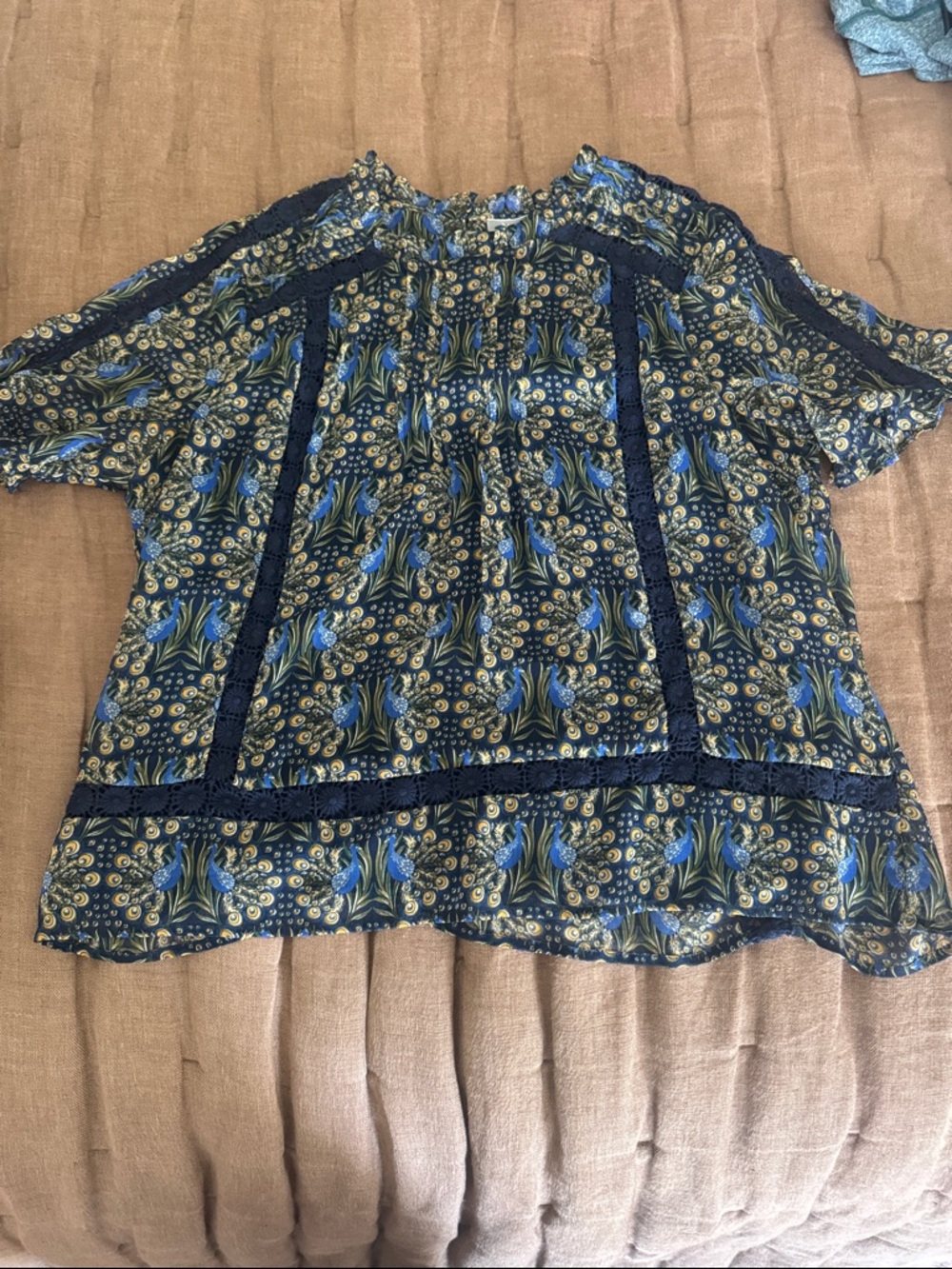 Navy Peacock Lace-Trim Short Sleeve Blouse